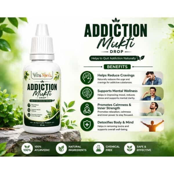Veda Mania Addiction Mukti Drop bottle with natural ingredients and benefits.