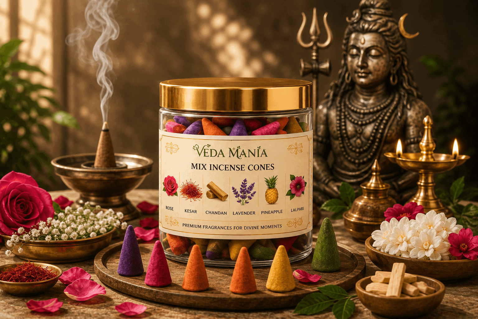 Veda Mania mix incense cones with colorful cones and spiritual decor.